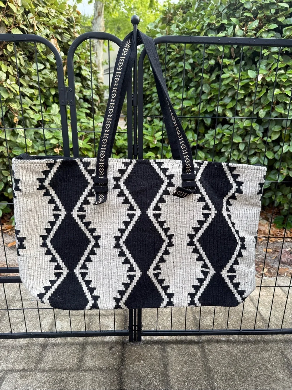 Boho Woven Black and Cream Weekender with Tassel Accents